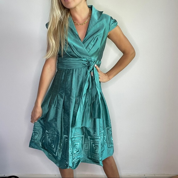 Adrianna Papell Aqua Green Tie Belt Collared Dress - Picture 5 of 11